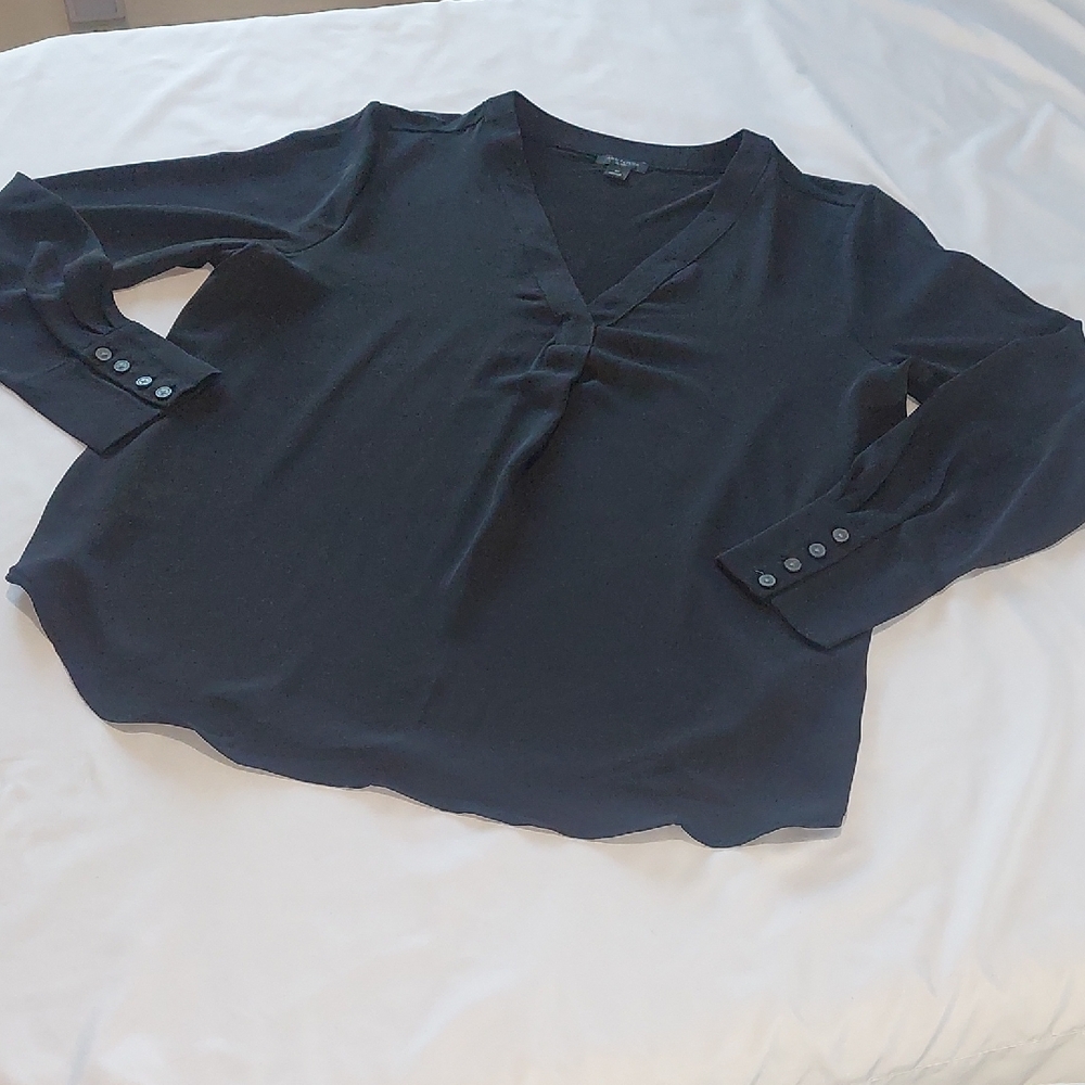 Ann Taylor Black V-Neck Blouse with Button Cuffs.Soft and Comfy .M Petite